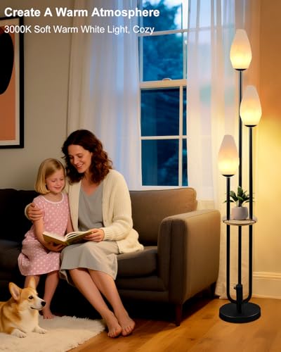 Image of Black Floor Lamp with Tray, 3-Lights Dimmable Floor Lamps with Rock-Shaped Shade, Unique Candle Holder Style Modern Tall Standing Lamp for Living Room /Party(Bulbs Included)
