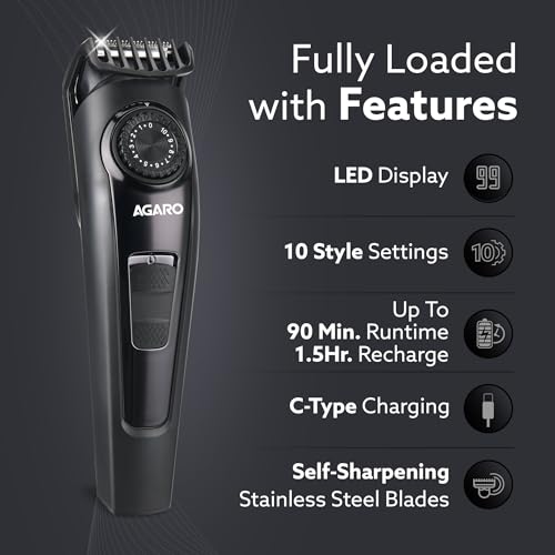 Image of AGARO Beard Trimmer MT1122, 10 Length Settings with digital display USB rechargeable multifunctional for home and travel