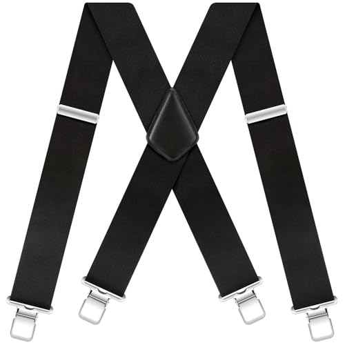 Hosenträger Herren Breit 5cm Hosenträger Herren Extra Stark Elastisch Verstellbar mit Sehr Starken 4 Metall Clip Einstellbar Suspenders für Arbeitshose Jeans Motorradhose lederhose X-form Schwarz