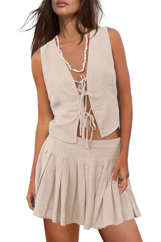 Yanekop Womens Linen Two Piece Mini Skirt Set Summer Sexy