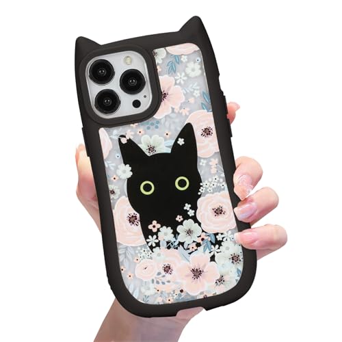 Coque iPhone 14 Pro Max pour femmes et filles, le cadeau floral avec chat 3D