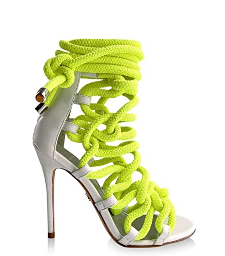 FurinFashion RHS1 Neon Green Rope Heeled Sandals For Women Girls Strappy High Heels Stiletto With Lace Up Open Toe Criss Cross Gladiator Roman Heel (9, neon green)
