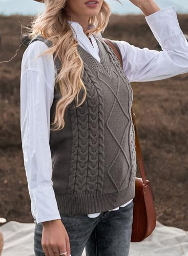 EVALESS Oversized Sweater Tank Tops for Women Casual V Neck Cable Knit Sweater Vest Fall Winter 2025 Fashion Pullover Sweaters Gray Small