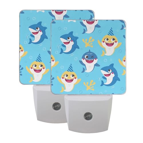 Image of Cute Sharks Night Lights 2 Pack Plug-in Wall Led Nightlight Auto Dusk-to-Dawn Sensor Lamps for Bedroom Kitchen Bathroom Hallway Stairs