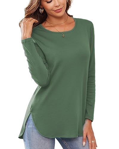 Image of Herou Women's Casual Long /Short Sleeve T Shirt Crewneck with Side Split Fall Pullover Loose Tunic Sweater Tops