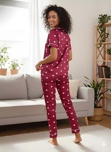 Image of Women's Lycra Heart Printed Night Suit Set of Shirt & Pajama Set Women Night Wear Set,Night Dress for Woman