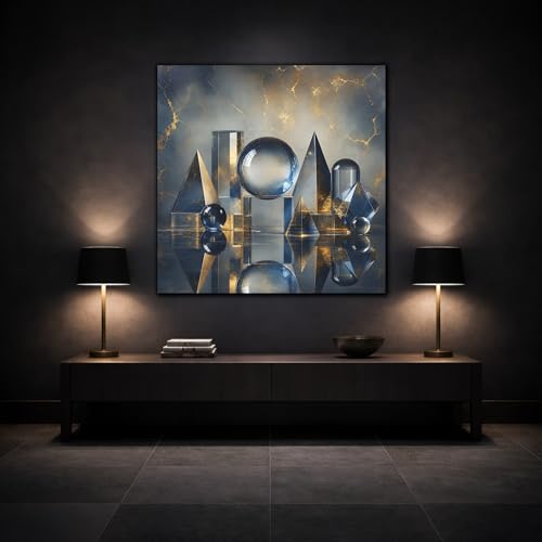Art mural géométrique de salon avec finitions or et bleu de 3 cm - 3