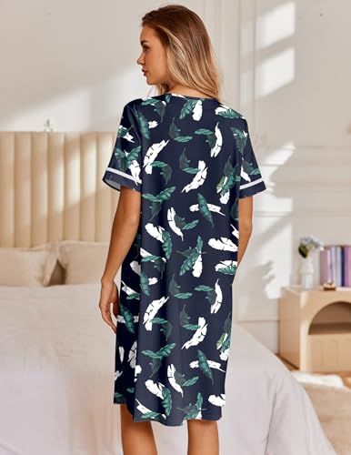 Image of Ekouaer Nightgowns for Women House Dress with Pockets Snap Front House Coat Short Sleeve Duster Moo Moos Sleepwear S-3XL