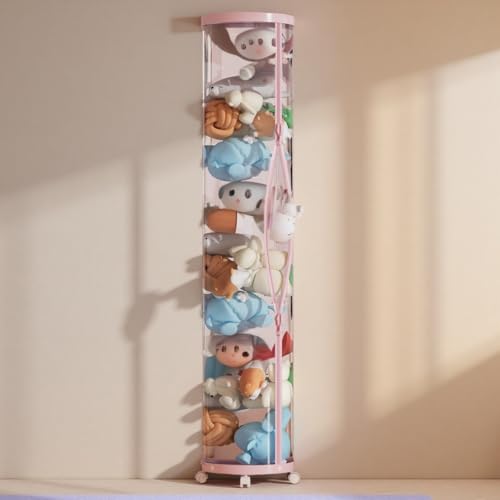 Upgraded Stuffed Animal Storage Tube Tall (150cm) Plush Organizer with 4 Wheels Pink PET Clear Bucket & Double Zipper Space-Saving Toy Storage for Kids Room Tidy Zoo Bin for Stuffed Animals