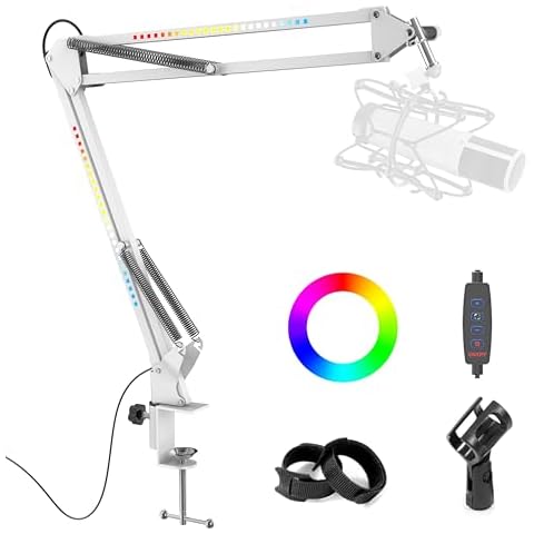 SIMPLURFI RGB Boom Arm, Adjustable Mic Stand with Desk Mount Clamp and Mic Clip, Compatible with HyperX Quadcast, Blue Yeti, Rode, Shure SM78 for Streaming, Gaming, Youtube Recording （WHITE） Cover