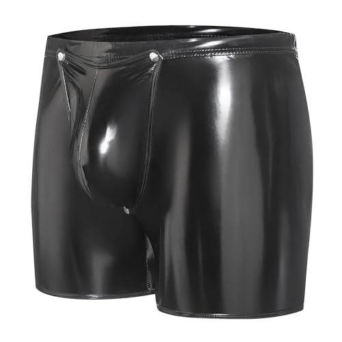 Cueca boxer masculina de couro brilhante, sexy abaixo da virilha aberta, bolsa com fivela destacável