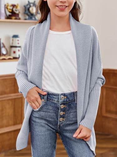 Image of Girls Open Front Cardigan Sweaters Batwing Long Sleeve Shawl Collar Ribbed Knit Winter Coats
