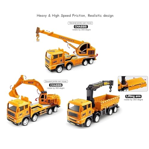 Image of Engineering Construction Friction Powered Vehicle Excavator Truck Toy for Kids Unbreakable Plastic Friction Powered Construction Truck Toy Gift for Kids (Pack of 3)