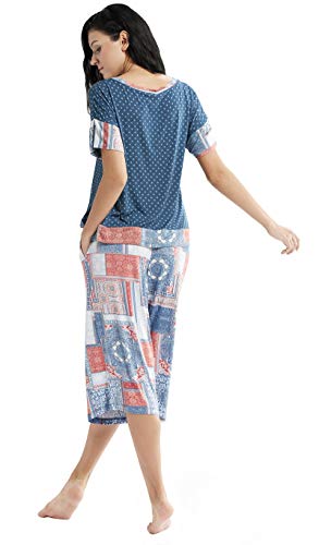 INK+IVY Pajamas for Women - Short Sleeve and Capri Pants PJ Set Loungewear, Casual Soft Breathable Sleepwear, Large, Bedouin Patch 2 Piece
