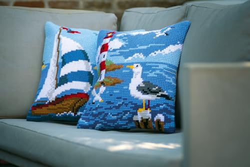 Image of Vervaco Cross Stitch Embroidery Kits Pillow Front for Self-Embroidery with Embroidery Pattern on 100% Cotton and Embroidery Thread, 15,75 x 15,75 Inches - 40 x 40 cm, Seagulls