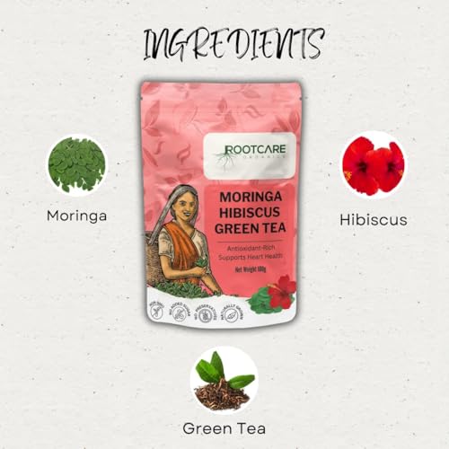 Image of Rootcare Organics green tea Moringa Hibiscus Herbal Tea 100g Pack Of 1 Month Antioxidant-Rich Supports Heart Health Caffeine-Free Aids Digestion Detoxification Loose Leaves Herb Blend