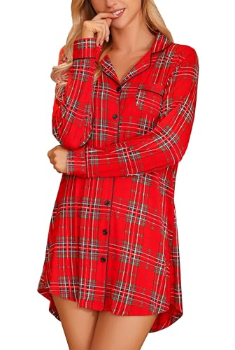 Image of Samring Nightgowns for Women Long Sleeve Button Down Night Gown Sleepshirts | Classic Nightdress,Soft House Dress,Chest Pocket,Loose Boyfriend Style,Sleep,Lounge,Wedding,Maternity&Postpartum,All Seasons