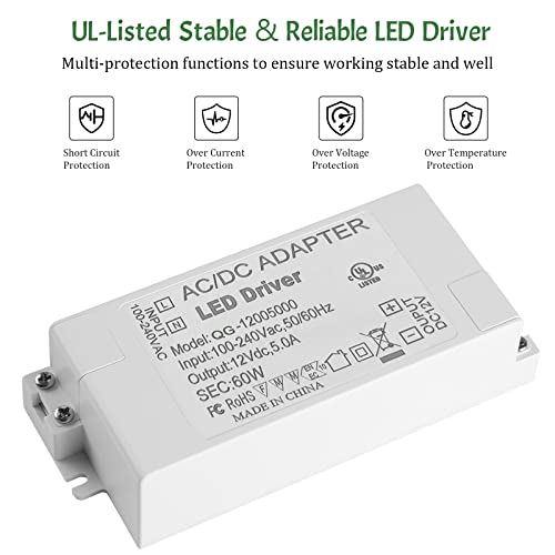 Ul Certified Ac 100-240V To Dc 12V 5A Power Supply Adapter Converter, Low Voltage Led Driver Transformer Output For Led Strip Lights Cctv Camera Security System(60W-12V) #TOP1