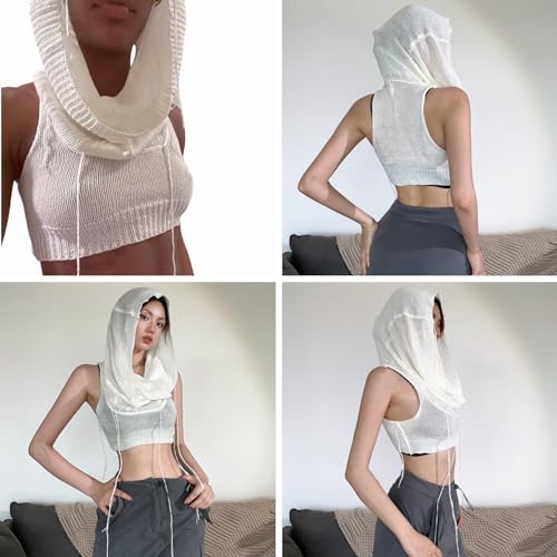 Image of Women's Knitted Hoodie Sweater Vest Sexy Sleeveless Hollow Out Hooded Crop Top Draped Sweatshirt Streetwear
