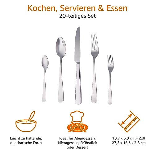 Foto von Amazon Basics Essbesteck-Set mit Eckiger Rand, Edelstahl, 20 Stück Set, für 4 Personen, Silberfarben