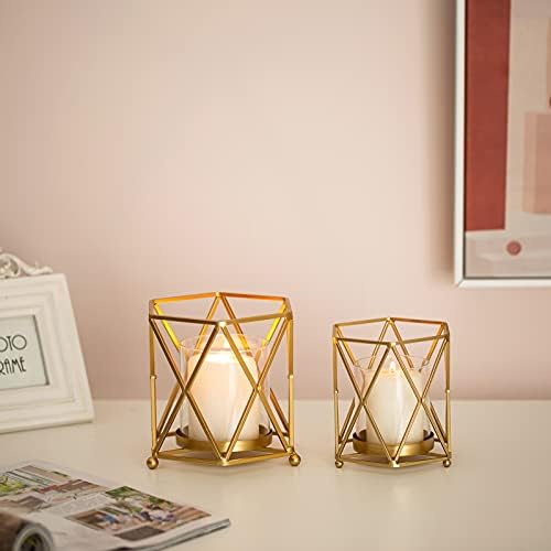 Sziqiqi Hurricane Candle Holder Set Metal Glass Pillar Candle Holders Hexagon Geometric Wire Candleholder Gold Table Candle Holder Centerpieces for Wedding Tabletop, Shelves, Office, Fireplace, Mantle