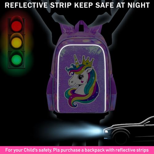Image of CCJPX 16 inch Unicorn Backpack for Girls, 3Pcs Kids Sequin Bookbag with Lunch Box, Water Resistant Elementary School Bag for Kindergarten Preschool Toddler (Purple)