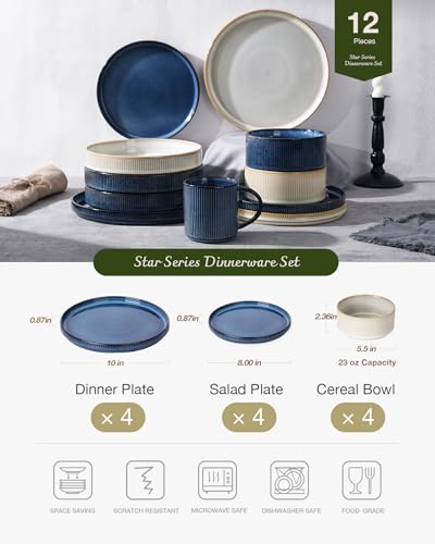 Image of Famiware Star 12-Piece Stoneware Dinnerware Sets for 4, Modern Rustic Dishes for Everyday & Formal Use, Reactive Glaze Plates and Bowls, Chip /Scratch Resistant, Microwave /Dishwasher Safe, White & Blue