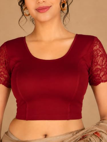 Image of Abhi Cotton Readymade Saree Blouse for Women- Half Net Sleeves, Round Neck, Regular-fit, Stretchable, Pull-on Style Blouse