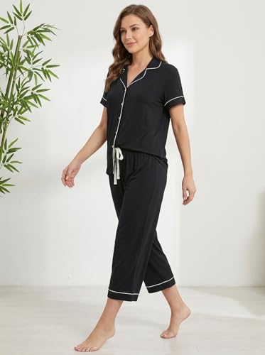 Image of Joyaria Bamboo Viscose Cooling Pajamas for Women Capri Button Front Pjs Set | Ideal for Night Sweats, Hot Sleeper Friendly, Breathable & Moisture Wicking, Short Sleeve Top
