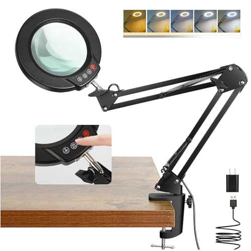 Coyeth 10X Magnifying Glass with Light and Clamp, Real Glass Stand Lighted Magnifier, 5 Color Modes...
