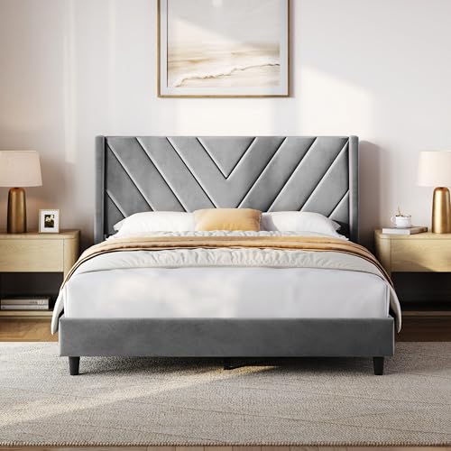 Yaheetech Queen Bed Frame Upholstered Platform Bed with Wing Side/Wooden Slat Support/Tufted Headboard with Wing Side/Mattress Foundation/No Box Spring Needed,Light Gray Queen Bed