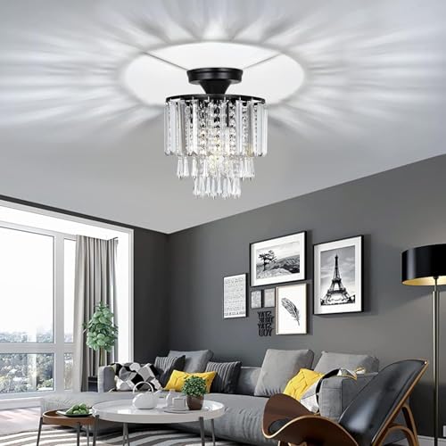 Lustre semi-encastré noir et cristal doré pour éclairage éclatant de plafond