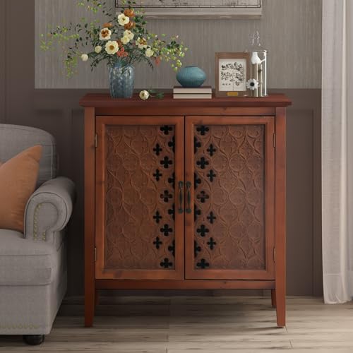 Small-Accent-Cabinet-with-2-Vintage-Hollow-Carved-Doors-Wood-Antique-Sideboard-Buffet-Cabinet-with-Storage-Farmhouse-Credenza-for-Living-Room-Dining-Room-Entryway-Hallway-Kitchen-Brown Small Accent Cabinet with 2 Vintage Hollow Carved Doors Wood Antique Sideboard Buffet Cabinet with Storage Farmhouse Credenza for Living Room Dining Room Entryway Hallway Kitchen Brown