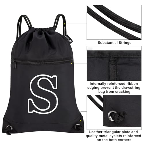 Image of HOLYLUCK Drawstring Bags Initial Backpack Sackpack Cinch Bags for Sports, Gym, Travel, Beach (Black-S)