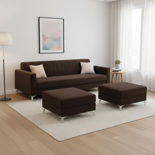 Image of Amelia 5 Seater L Shape Sofa Set with 2 Movable Ottomans | Flexible Layout | Rich Velvet Suede Fabric | Silver Legs | Spacious Seating | Modern Sofa for Living Room (Dark Brown)