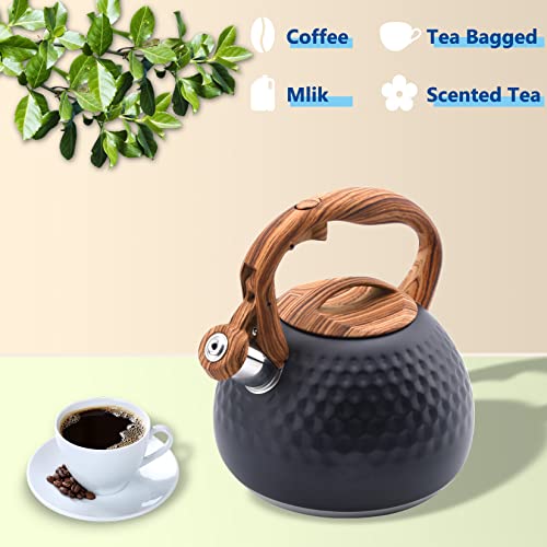 Foedo Tea Kettle, 3.2 Qt Stainless Steel Whistling Tea Kettle For Stove Top, Food Grade Teapot With Wood Pattern Handle For Coffee, Tea, Milk Etc, Gas Electric Applicable (Black) #TOP3