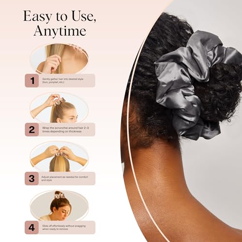 Image of Kitsch Satin Scrunchies for Women - No Crease, Frizz Control | Softer Than Silk Scrunchies Gentle On Hair Scrunchies for All Hair Types | Stylish Hair Accessories - Charcoal & Gold, 2pcs