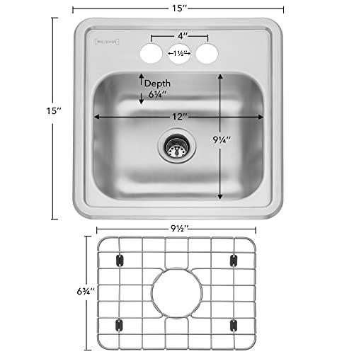 Miligoré 15" X 15" Single Bowl Top-Mount Drop-In 22-Gauge Stainless Steel Bar/Prep/Utility Sink - Includes Drain/Grid #TOP4