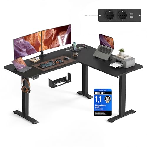 VASAGLE Höhenverstellbarer Schreibtisch, 160 x 140 cm, L-förmiger Eckschreibtisch, Stehtisch, 2 AC-Steckdosen, 2 USB-A-Anschlüsse, Ablage für Steckdosenleiste, für Büro, tintenschwarz LSD264BZ01