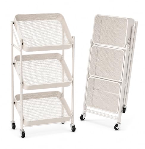 3 Tier Rolling Cart with Wheels, Foldable Utility Storage Cart for Kitchen Bathroom Office, Heavy Duty Metal Organizer, No Assembly Required, Space Saving Mobile Shelving Unit, Black/White - Image 2