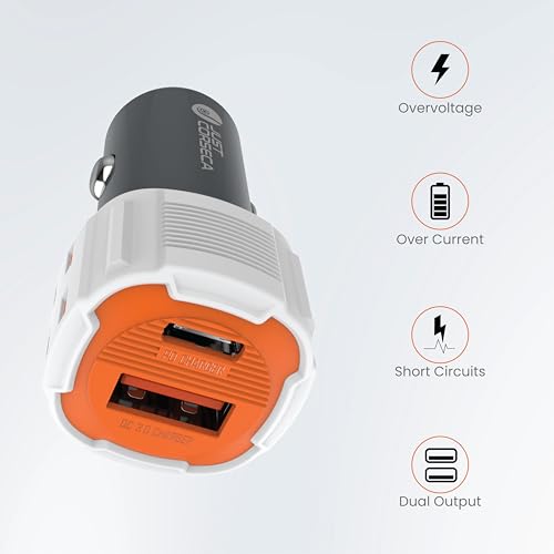 Image of JUST CORSECA SSPEED 20W PD Fast Car Charger | Dual Port USB & Type-C Adapter with 1M Lightning Cable | Fast Charging for iPhone, Android & Tablets | Portable Travel Charger (Black)