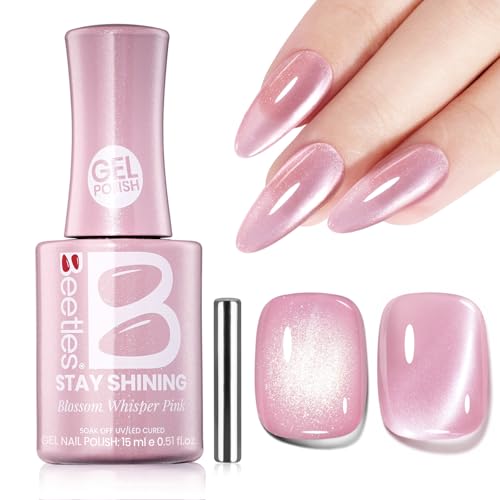Image of Beetles Stay shining Pink Cat Eye Gel Nail Polish - 15ML Blossom Whisper Pink Cat Eye Glitter Gel Polish with Magnet Jelly Translucent Glass Effect Soak Off UV DIY Manicure Spring Gift for Women