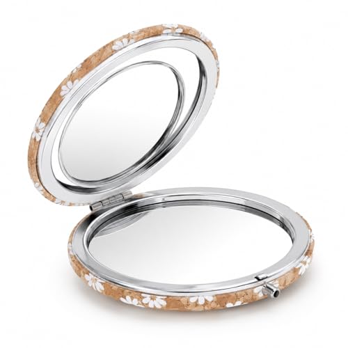 Image of Floral Cork Compact Mirror for Women | Portable Pocket Makeup Mirror with Dual Mirror | Travel Friendly Folding Vanity Mirror for Purse & Handbag