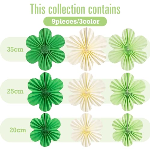 Image of SUNBEAUTY Green Paper Flowers Decorations for Wall, Spring Summer Paper Fans Decor, Classroom Decor Paper Floral Backdrop Paper Flowers Decoration Hanging Paper Fans Green Flower Wall Decor, Set of 9