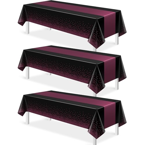 Image of 3Pcs Black and Maroon Purple Tablecloth Party Decorations,Plastic Black Table Cloth Printed Maroon Purple Table Runner Disposable Rectangle Table Cover for Birthday Wedding Graduation Party,54x108Inch
