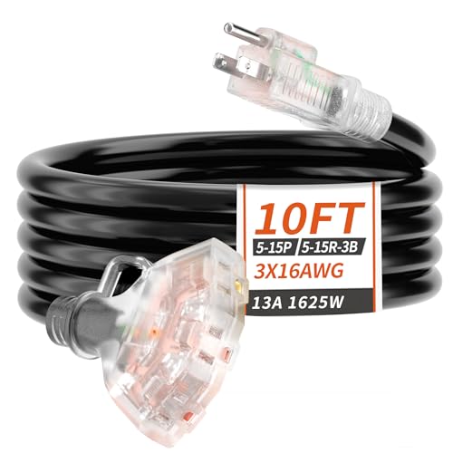 PlugSaf 10 FT 16/3 Gauge Outdoor Extension Cord with Multiple Outlets Light Indicator, Flexible 3 Outlet Weatherproof Heavy Duty Extension Cord Waterproof Black, 13A 1625W 16AWG SJTW, ETL Listed