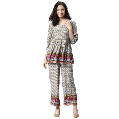 Image of DEEBACO Women's Ethnic Motif Print Rayon Top & Pants Co Ord Set For Women V Neck 3 /4 Puff Sleeve Ladies Party Casual Wear Fashionable For Girls Loose Fit Cord Set (DBCOMR00000979 M Multicolor)