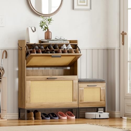 Image of Maupvit Shoe Cabinet Storage for Entryway with Bench, Rustic Oak Rattan Narrow Shoe Cabinet with 2 Flip Drawers, Wooden L-Shaped Shoe Rack Slim Shoes Storage Organizer for Hallway, Entrance