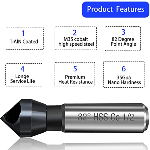 Countersink Drill Bit, Tialn Coated M35 Cobalt 82 Degree Point Angle, 3/8" Round Shank, 1/2" Body Diameter Counter Sinker Drill Bits For Metal Stainless Steel Wood Copper Plastic Resin #TOP2