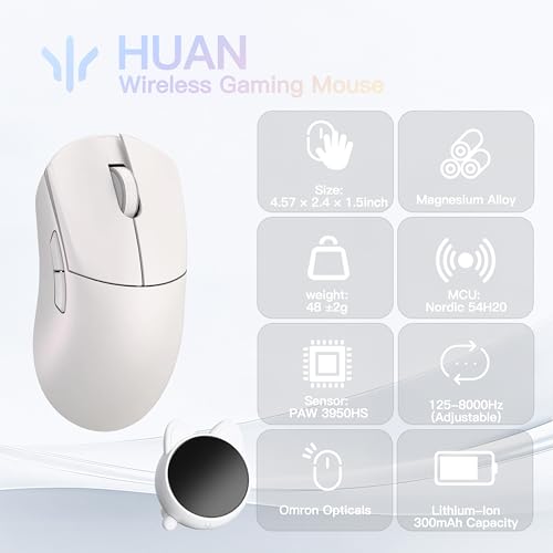 Image of WLMOUSE Huan 48g Ultra-Lightweight Magnesium Alloy Gaming Mouse,8K Voice & Display Receiver, Dual 8K Wireless /Wired, PAW3950HS Sensor, RGB Wheel Lighting, Nordic 54H20 (White(OM Switch))